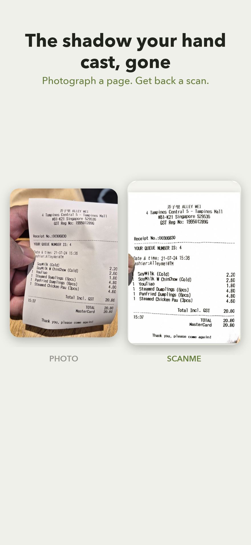 A photo of a curled receipt beside the same receipt scanned flat and white.