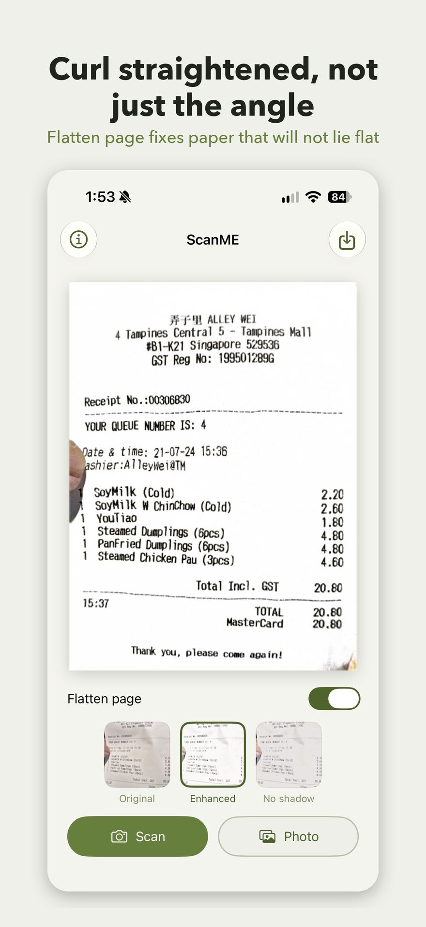ScanME showing a receipt straightened flat, with Flatten page switched on.