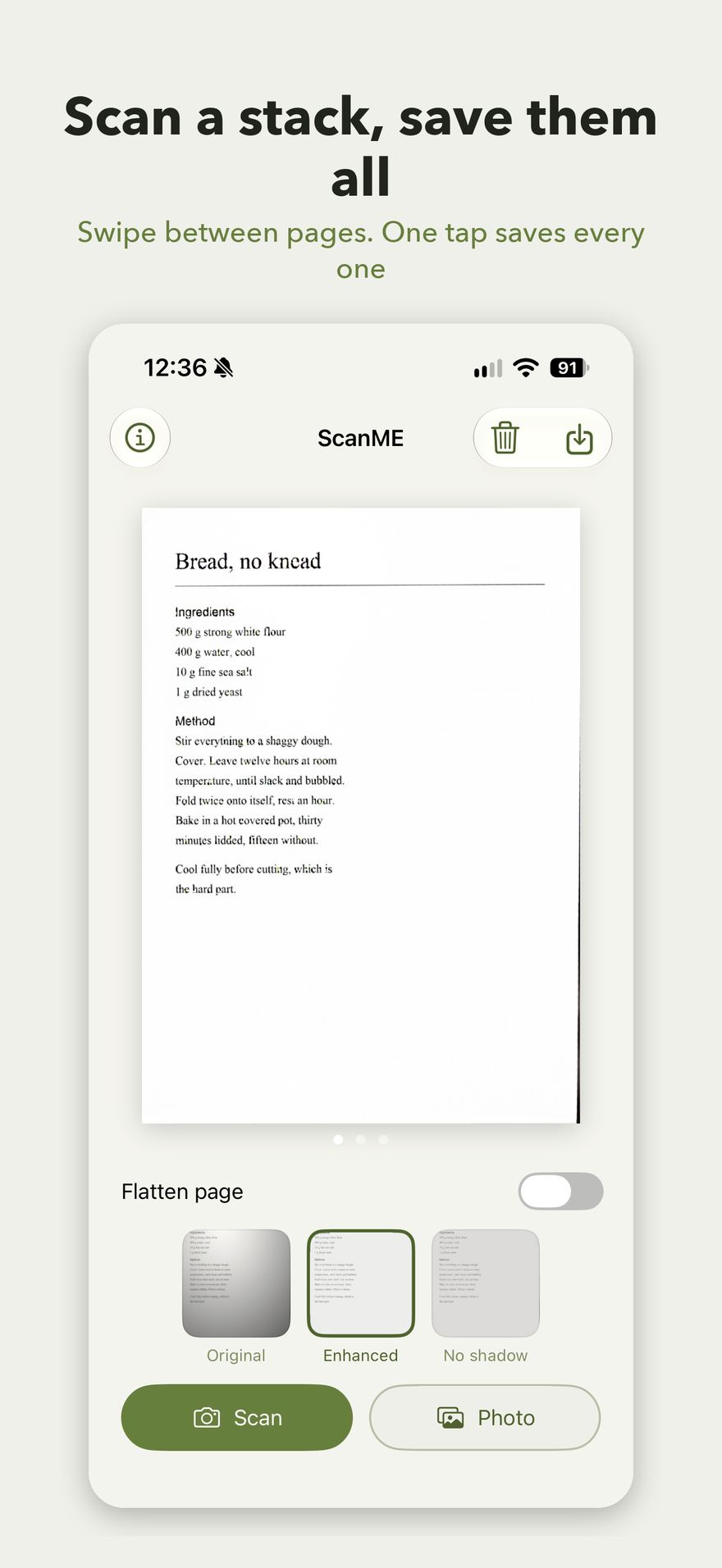 Several scanned pages stacked, swipeable, ready to save together.