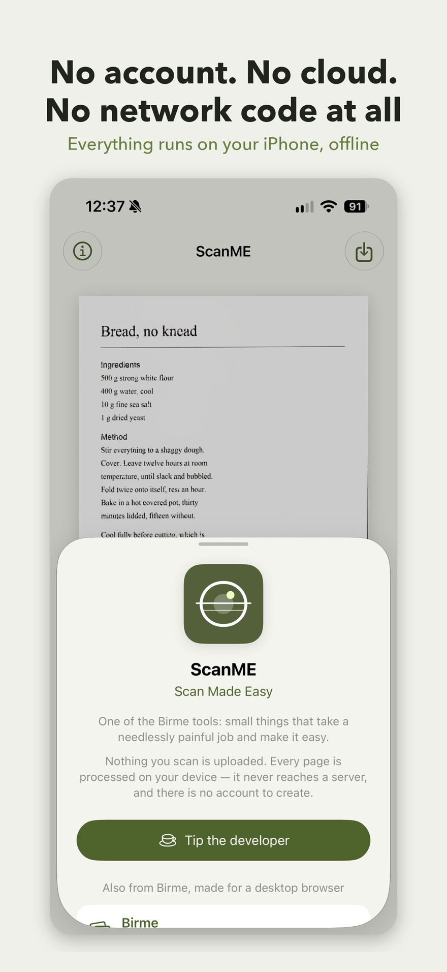 The About screen stating that nothing you scan is uploaded.